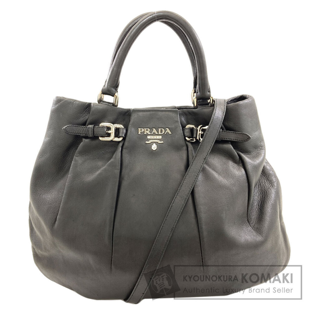 Prada black leather 2way handbag gathered pleats